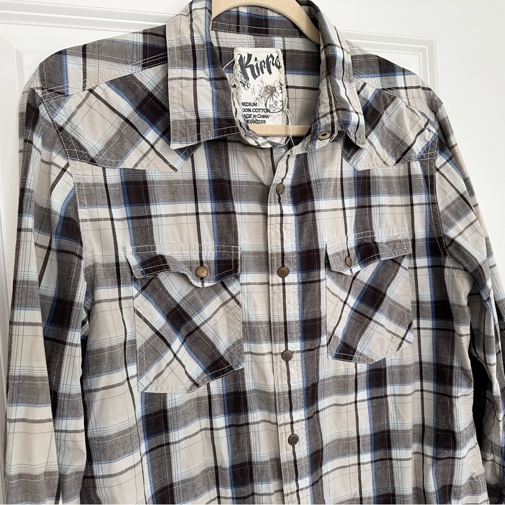 Western Style Fall Plaid Button Down Shirt-Cream Brown & Blue Snap Button